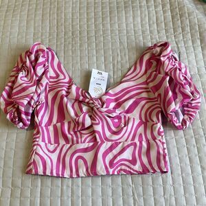NEW - Twist Knot Zebra Print Sweetheart Neckline Puff Sleeve Crop Top Sz Small